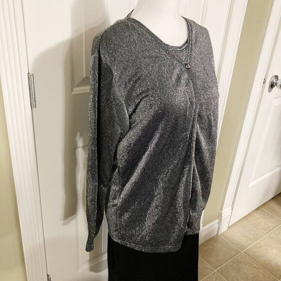 TRADITION Dark silver grey metallic faux twin set top ~ MEDIUM LARGE "cardigan" - Picture 5 of 14